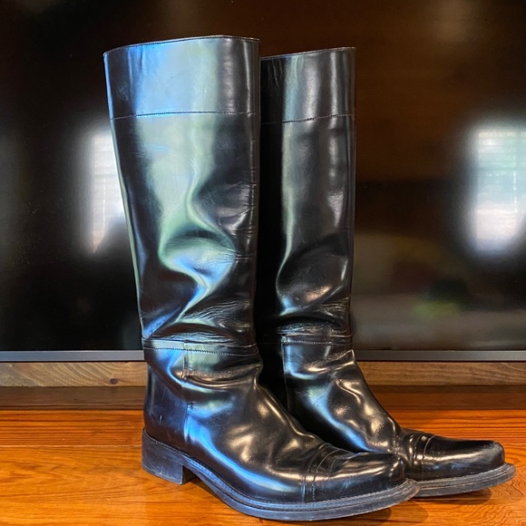 PRADA Vintage Black Cowboy/ Riding Leather Boot Women Size 37 Preowned Beautiful - Picture 2 of 9